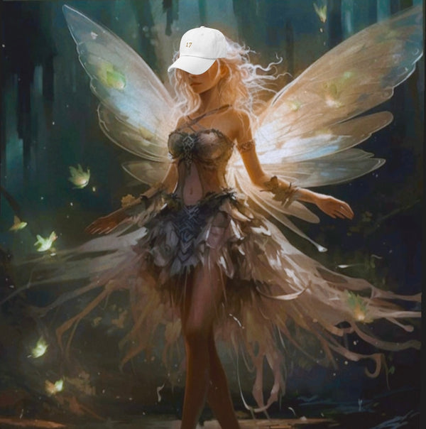 Fairy with large wings wearing a white cap in a forest setting